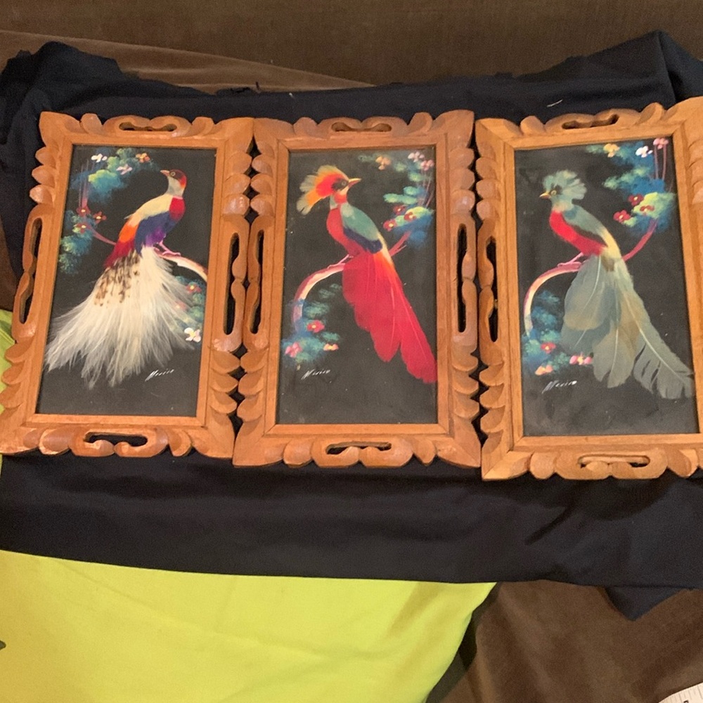 Vintage Mexican Feathercraft Bird Pictures (3) 7 X 11 Inches